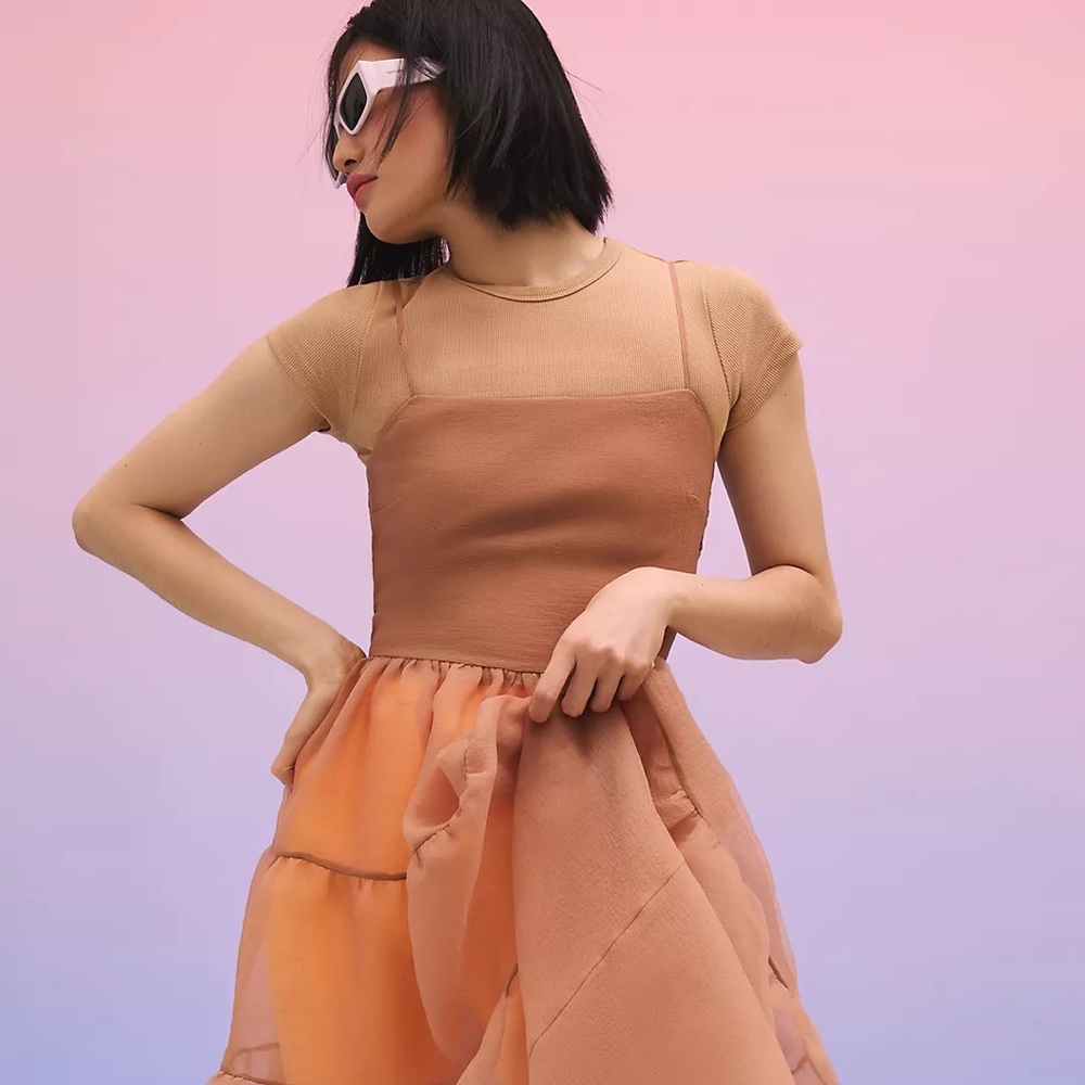 Anthropologie Peach and Tan Tiered Midi Dress